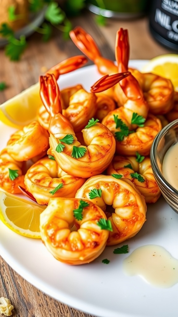 A delicious plate of garlic shrimp, garnished with parsley and lemon, showcasing crispy texture.